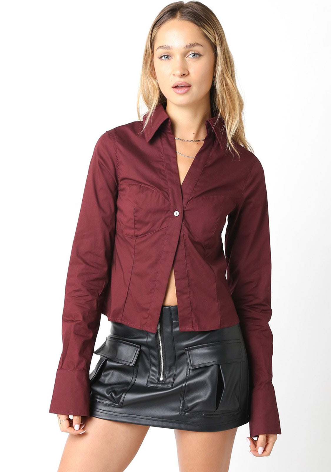 Cropped Button-Up Shirt Olivaceous