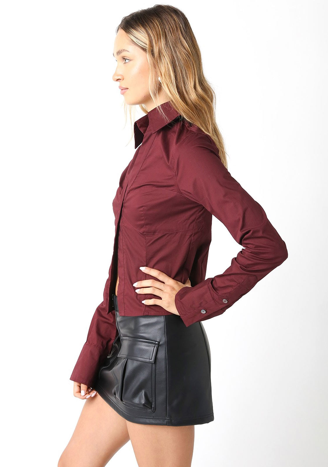Cropped Button-Up Shirt Olivaceous