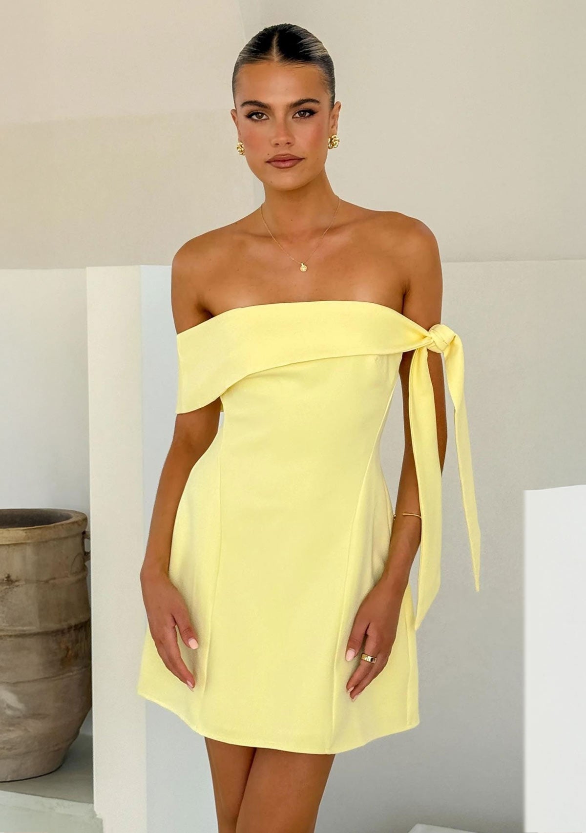 Off Shoulder Tie Mini Dress Lemon