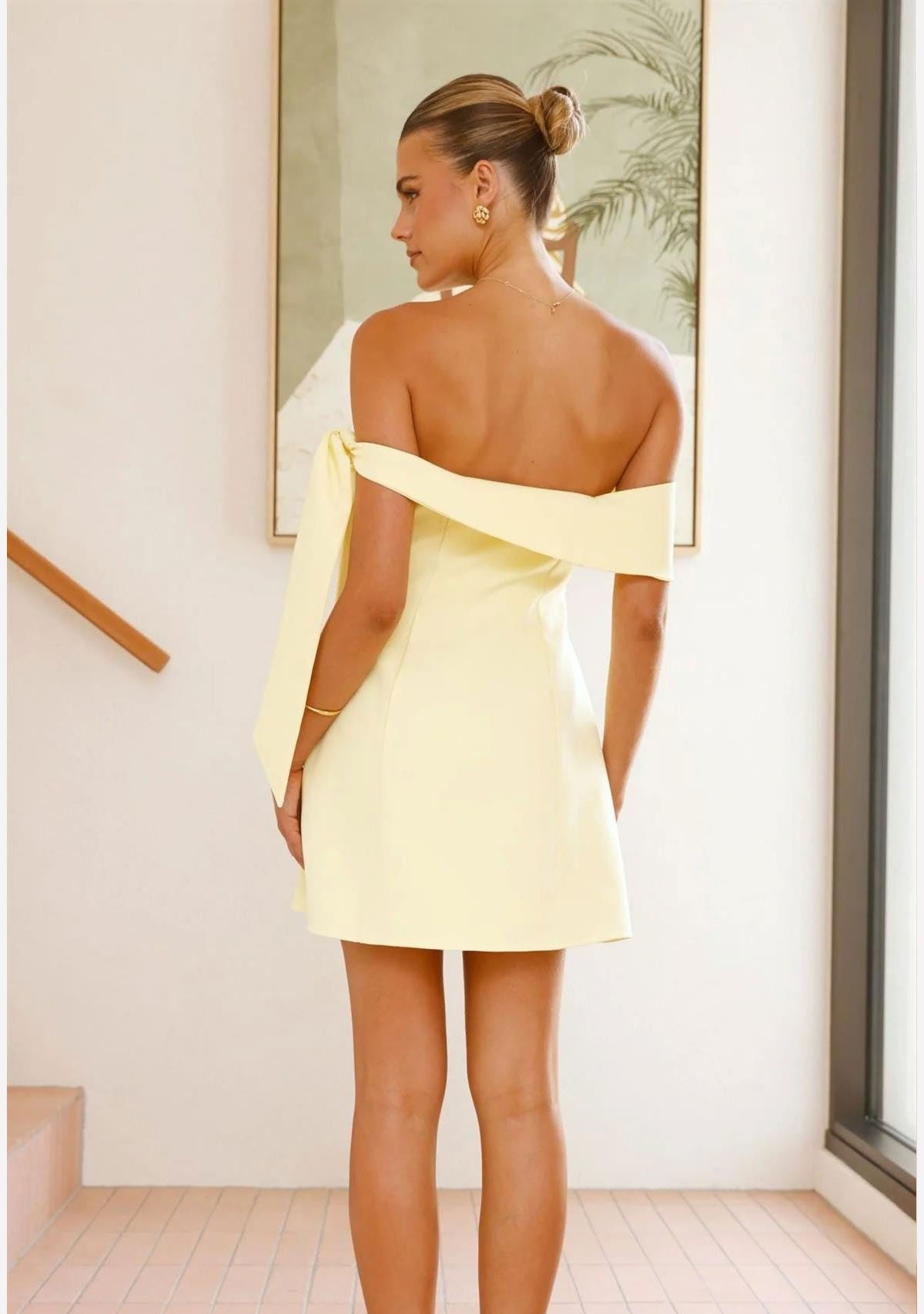 Off Shoulder Tie Mini Dress Lemon