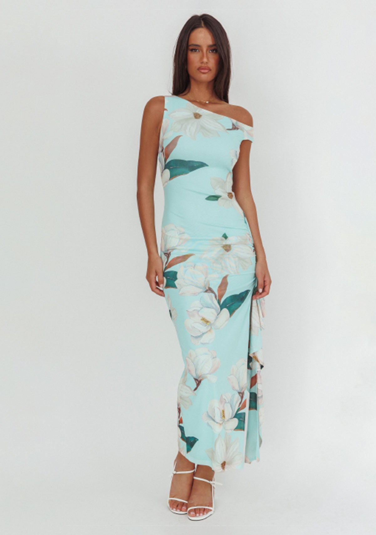 One Shoulder Floral Maxi Dress Mint Print