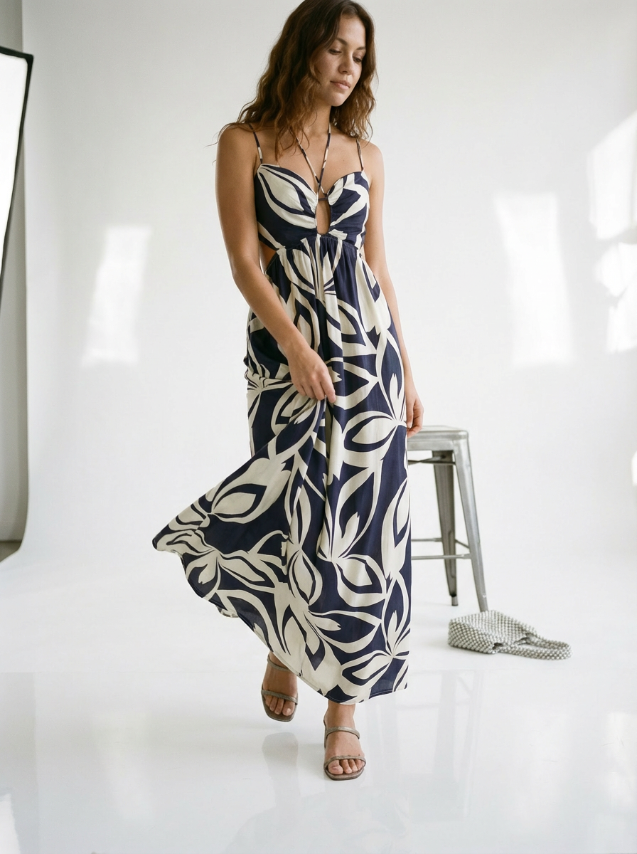 One Side Metal Triming Halter Dress