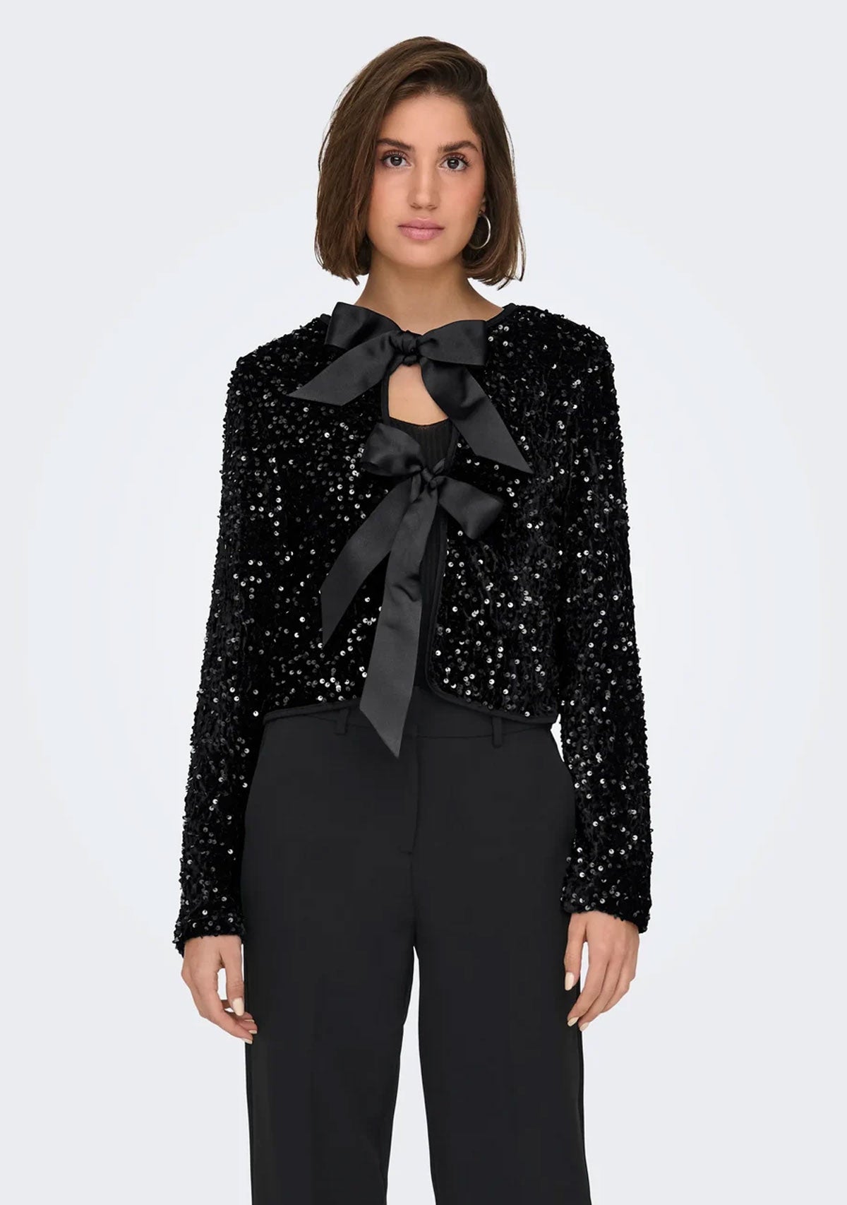 ONLanika Sequins Ls Bow Top Wvn Cs Black