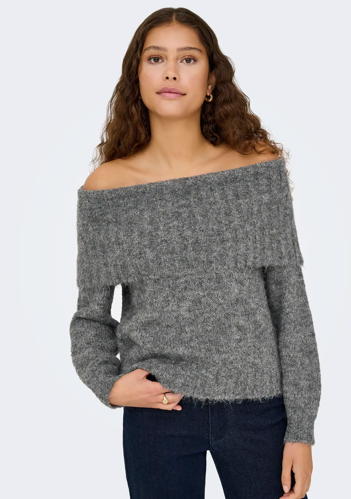 Onlshine LS Off Shoulder CC Knt Grey Melange