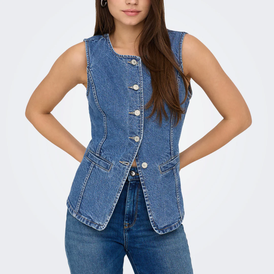 ONLGiulina S/L Button Vest Dnm Mae Medium Blue Denim