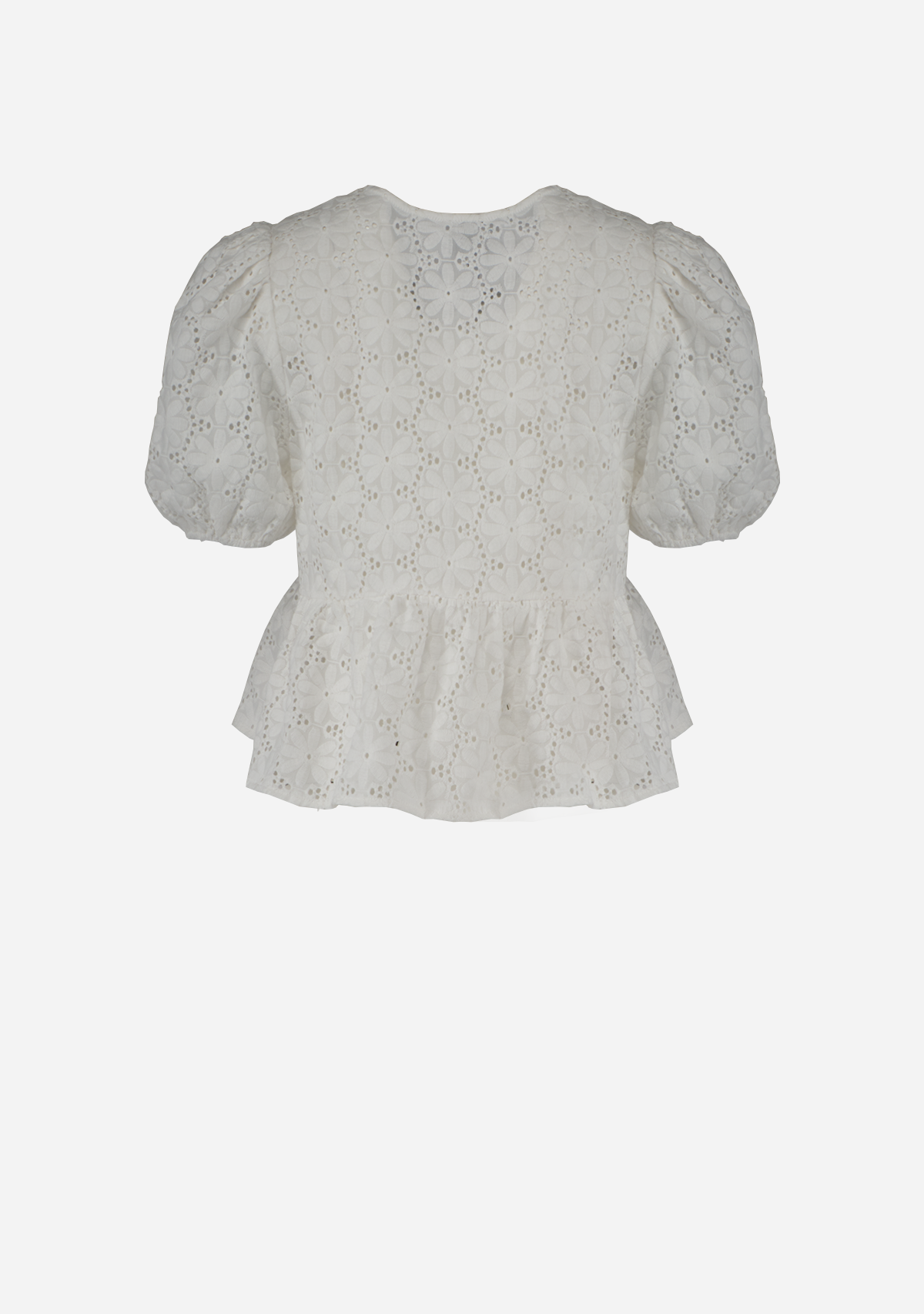 Eyelet Puff Sleeve Bottom Ruffle Front Tie Top Off White