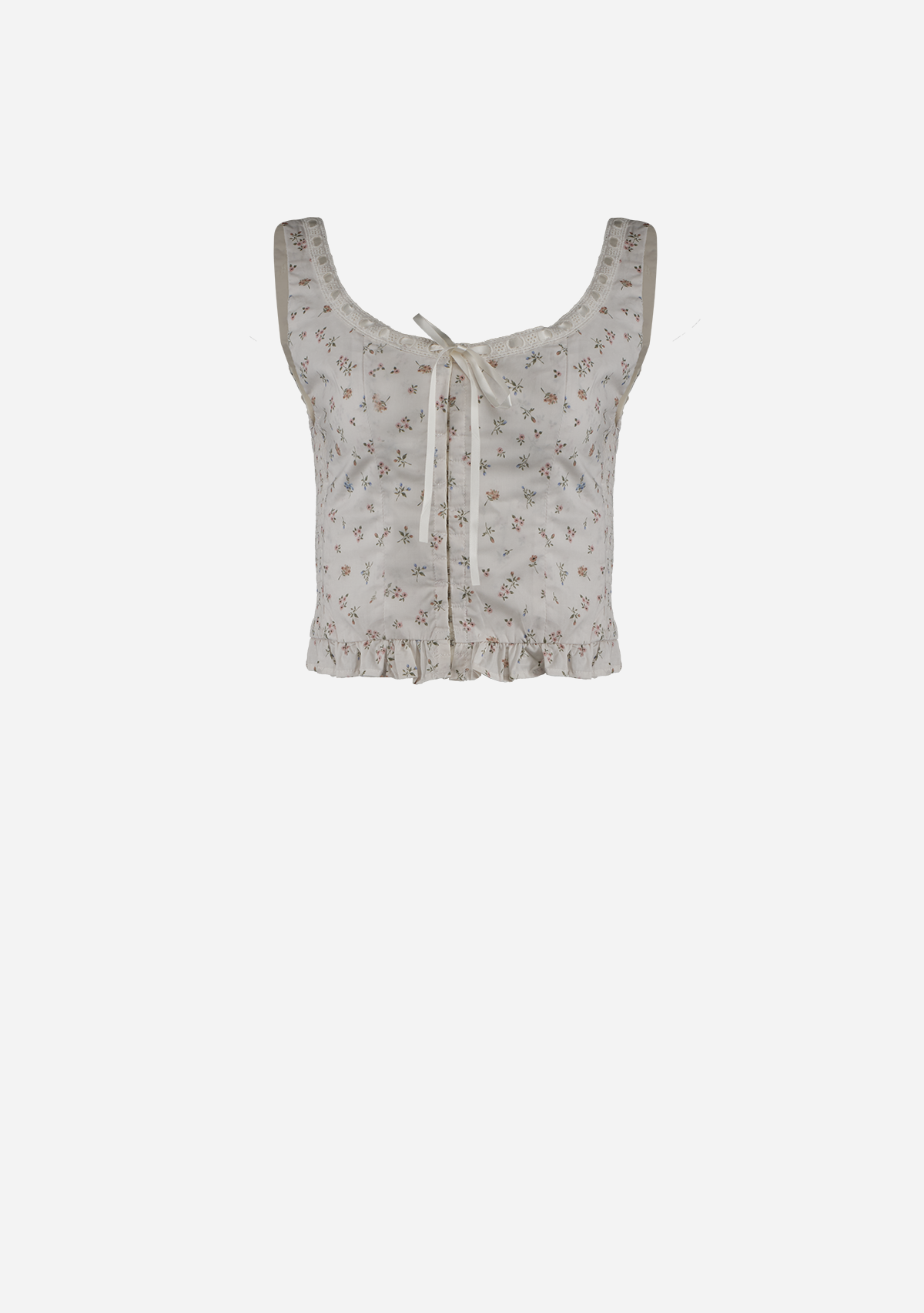 Floral Lace Trim Front Tie Top Cream