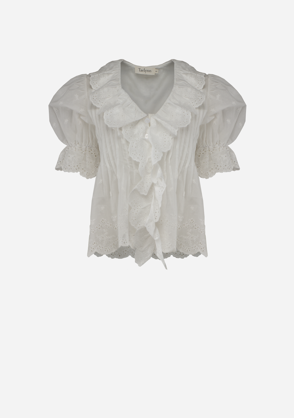 Elbow Slv V-neck Front Ruffle Eyelet Laced Top White