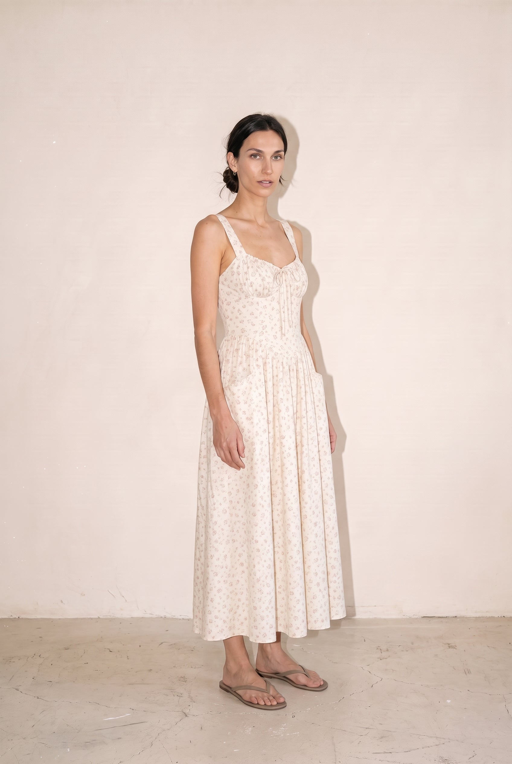 Serenity Floral Wired Front Ribbon Maxi Dress Cream Multi