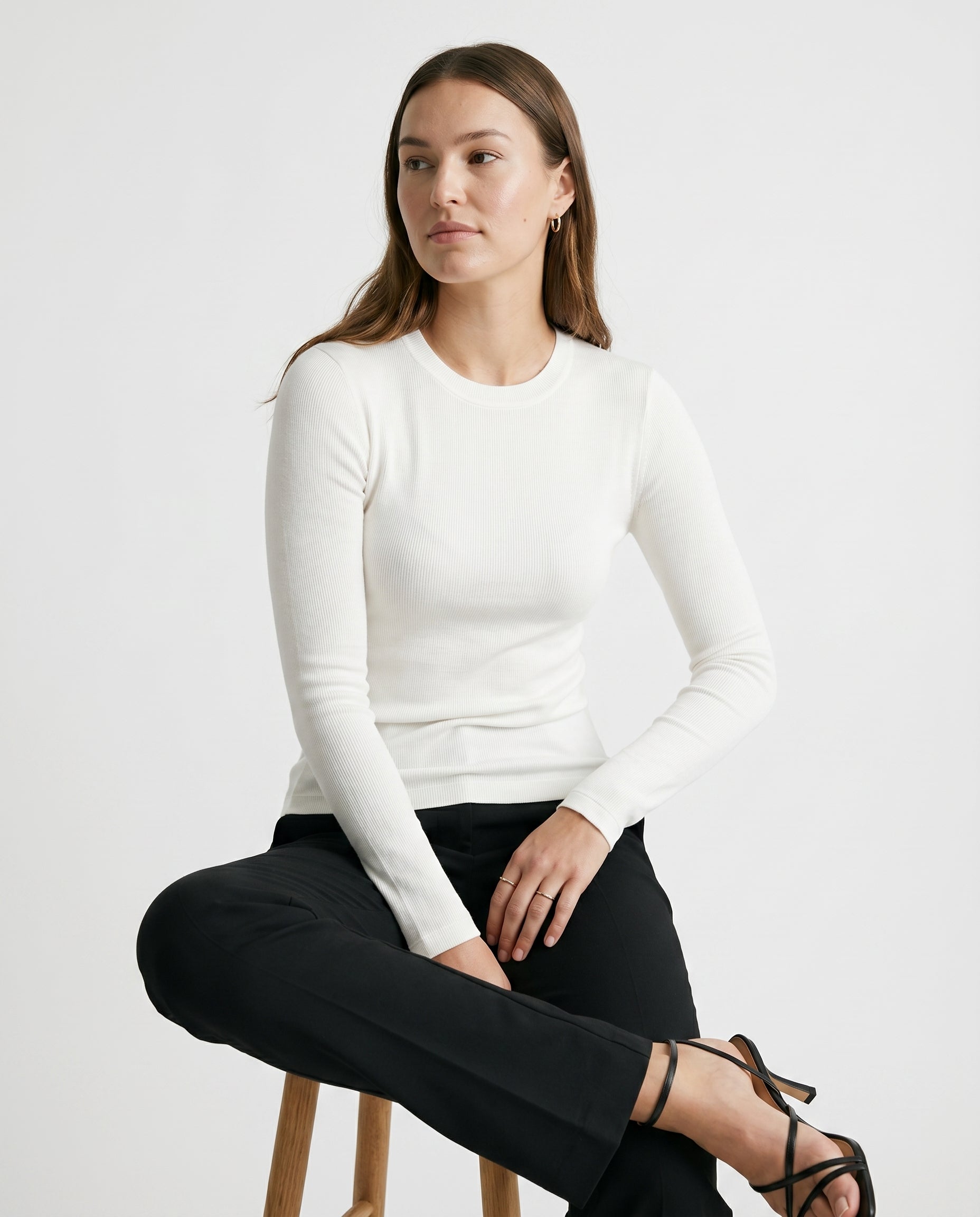 Fitted Rib Knit Crewneck Off White audrey