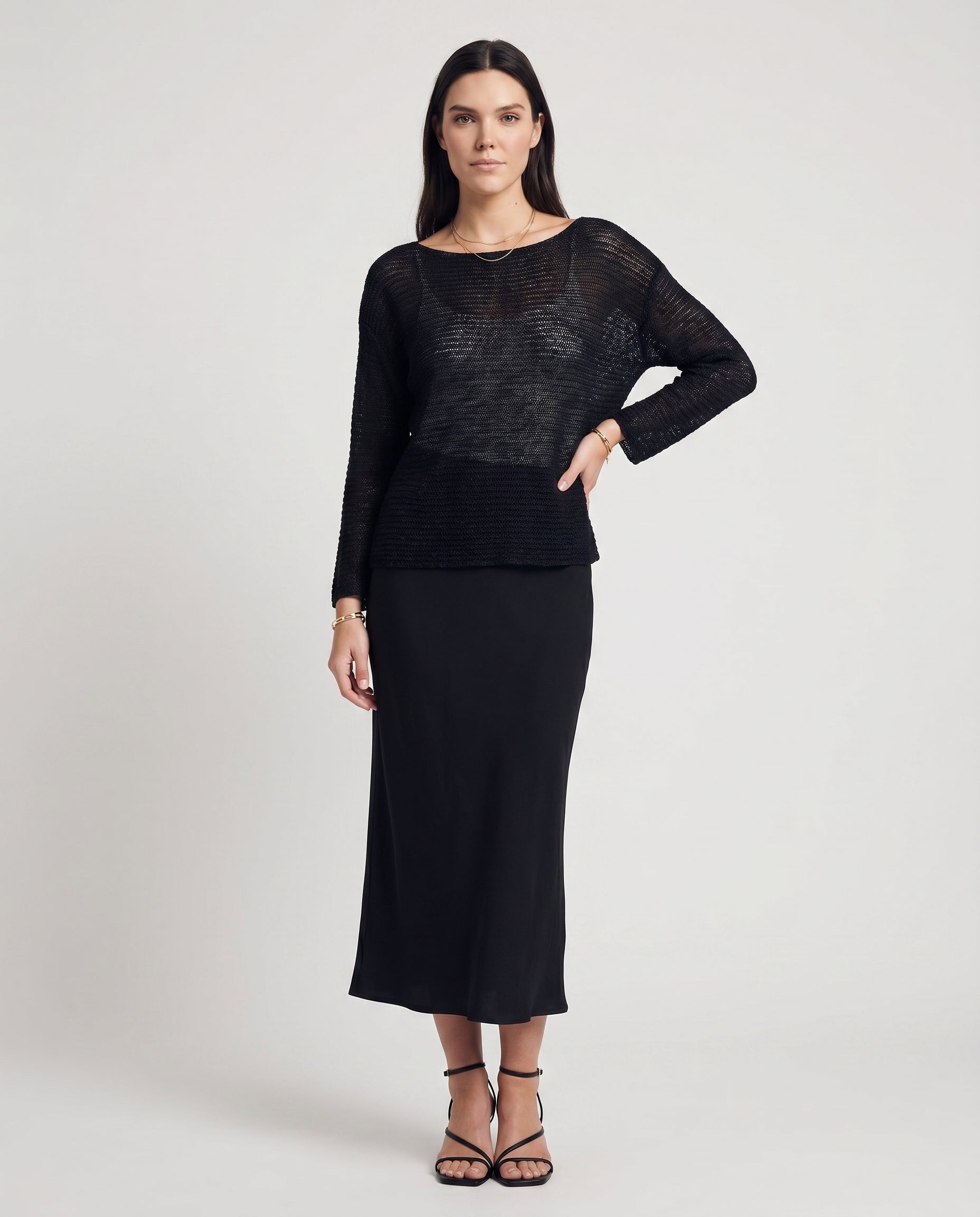 Sheer Open-Knit Long Sleeve Sweater Black 12 Rue Collette