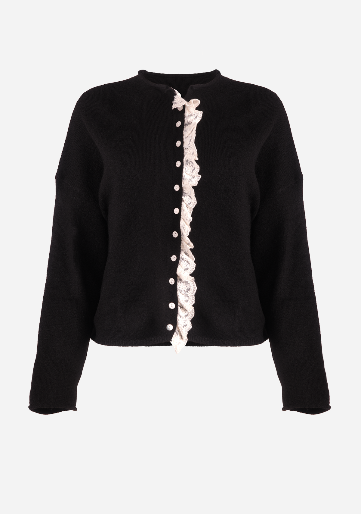 Button Front Lace Trim Knitted Cardigan Black