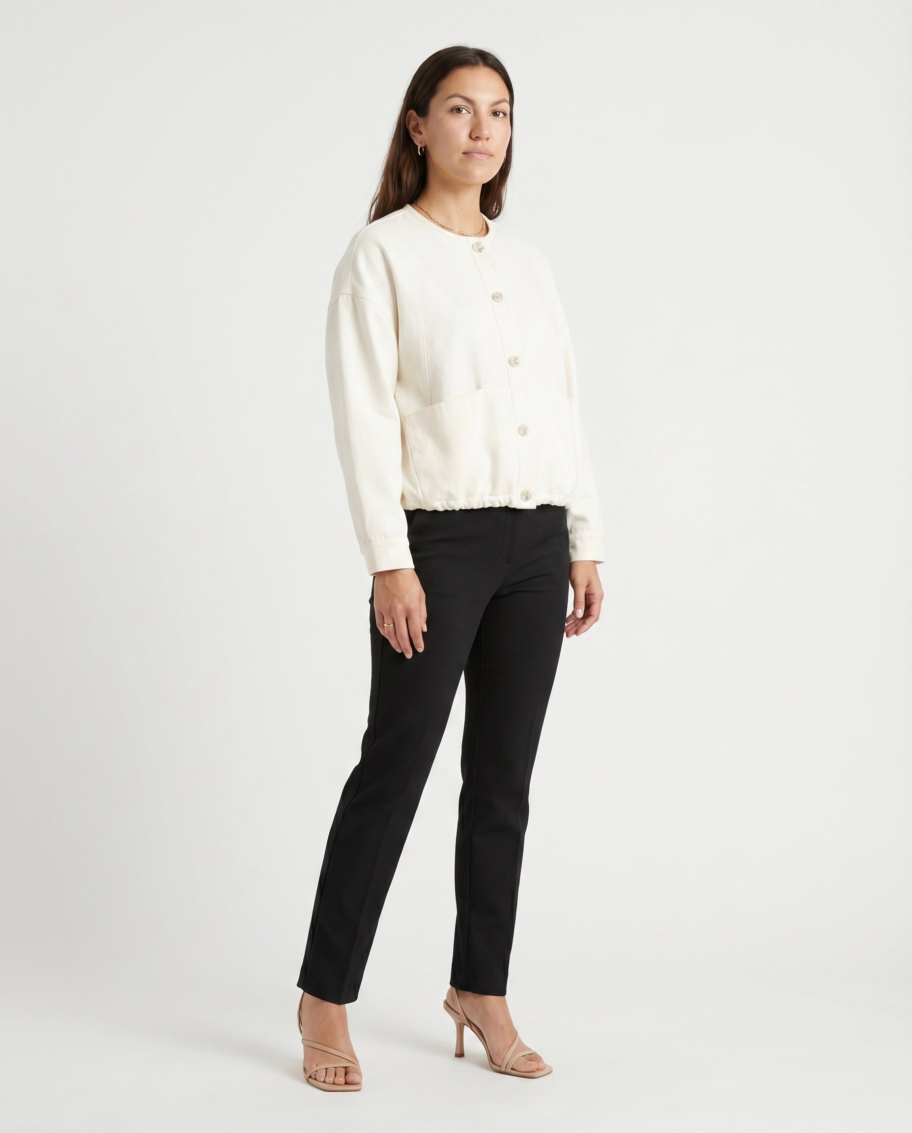 Crew Neck Button Down Jacket Ivory