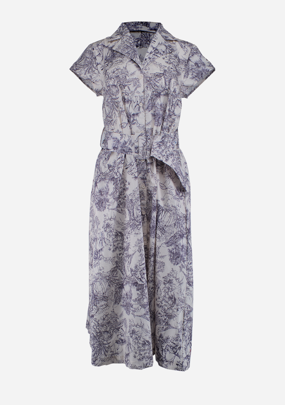 Short Sleeve Button Down Belted Midi Dress Ivory/Navy
