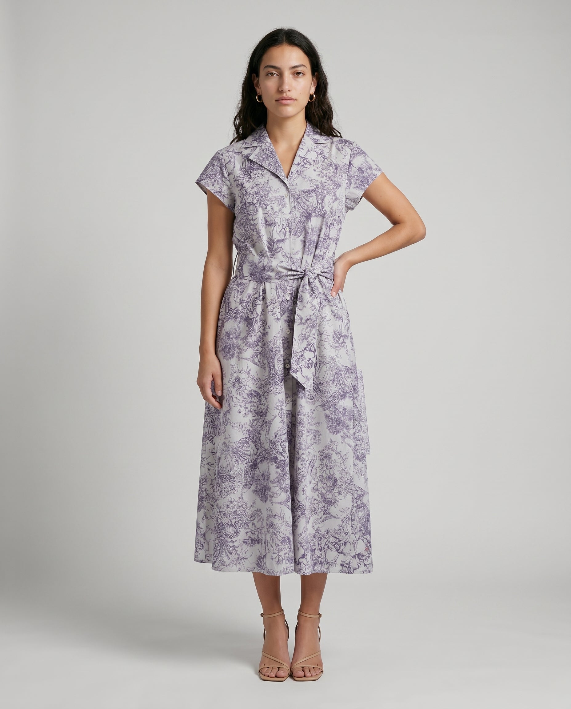 Short Sleeve Button Down Belted Midi Dress Ivory/Navy