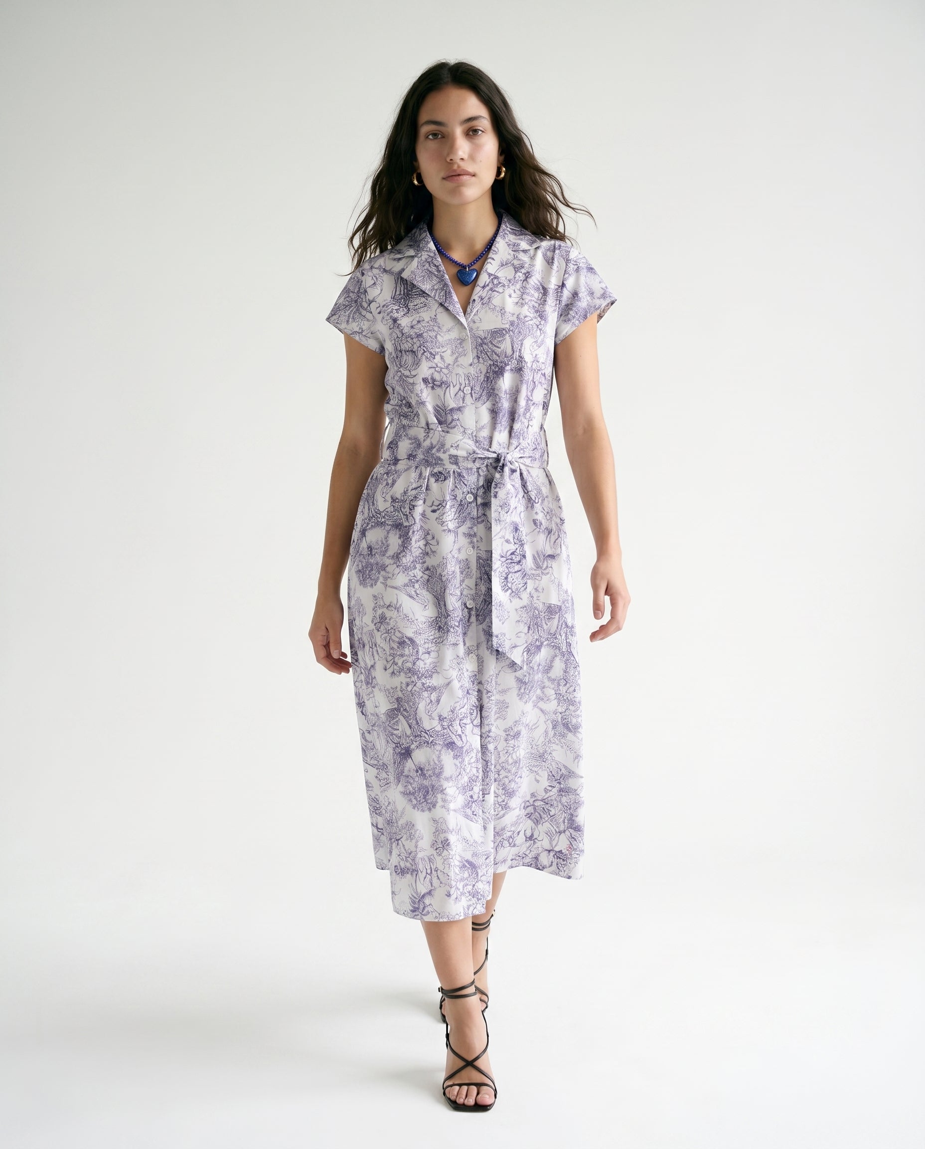 Short Sleeve Button Down Belted Midi Dress Ivory/Navy