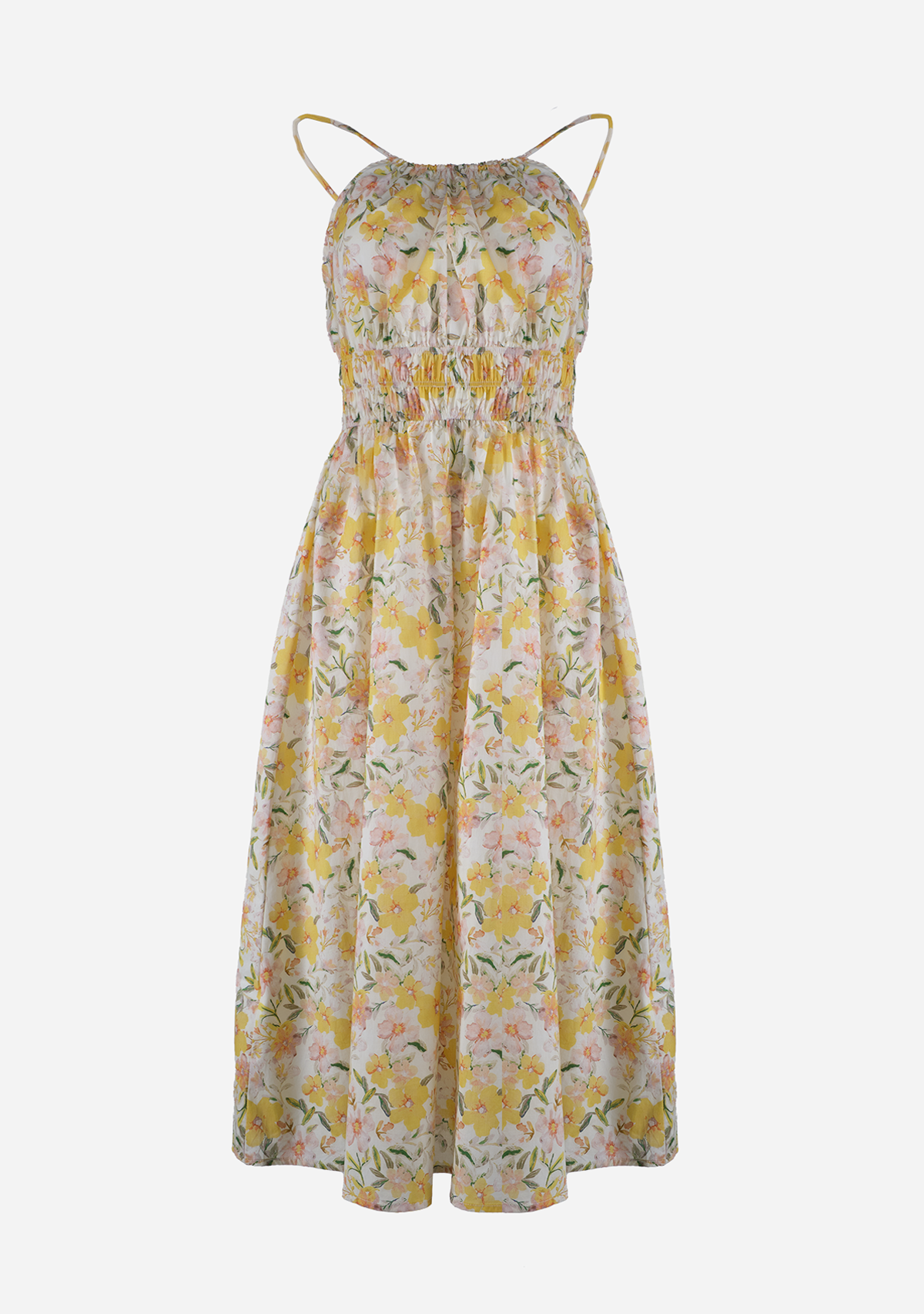 Lulu Floral Halter Dress Yellow Cream