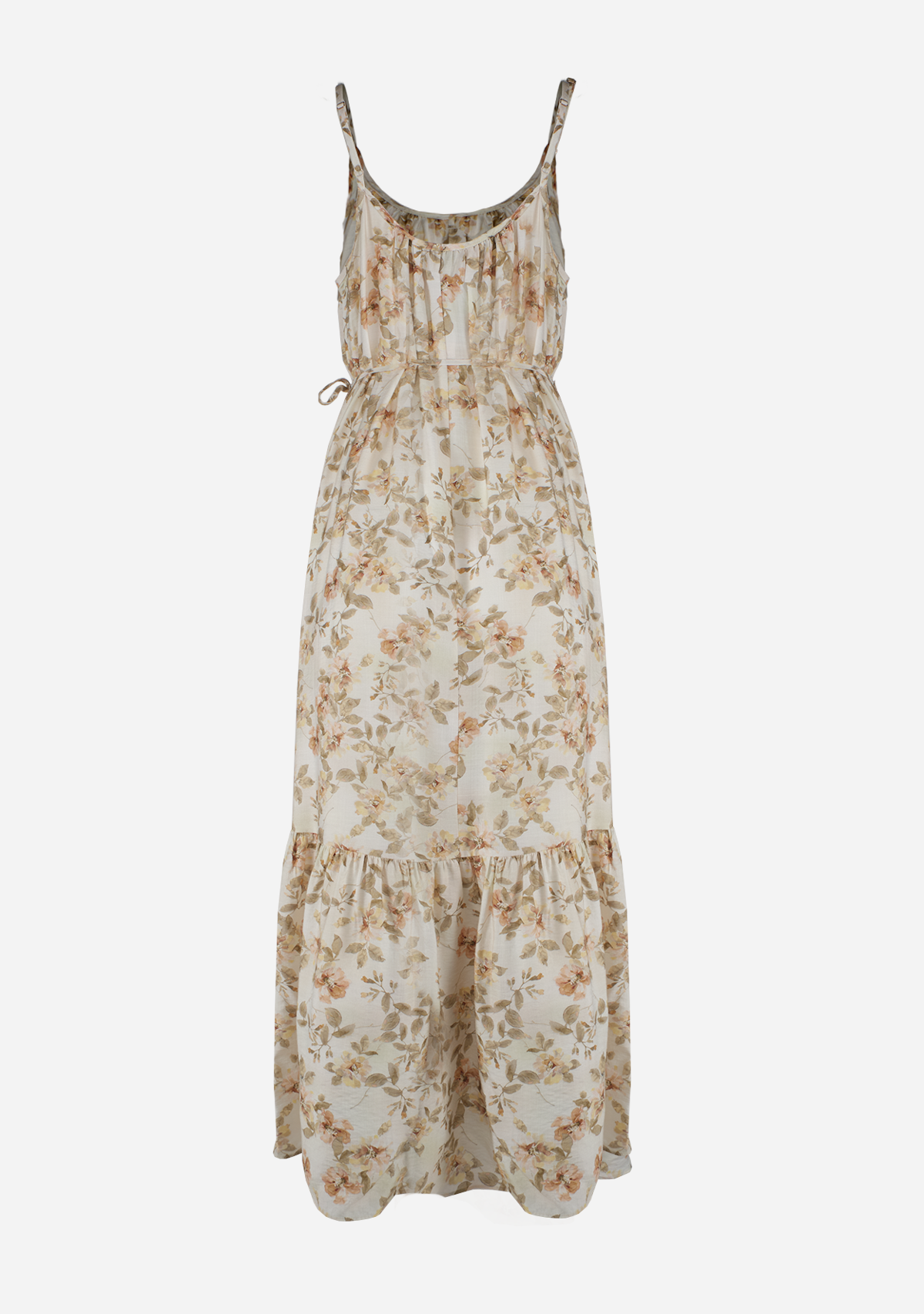 Thin Adjustable Strap Belted Ruffle Hem Midi Dress White/Multi