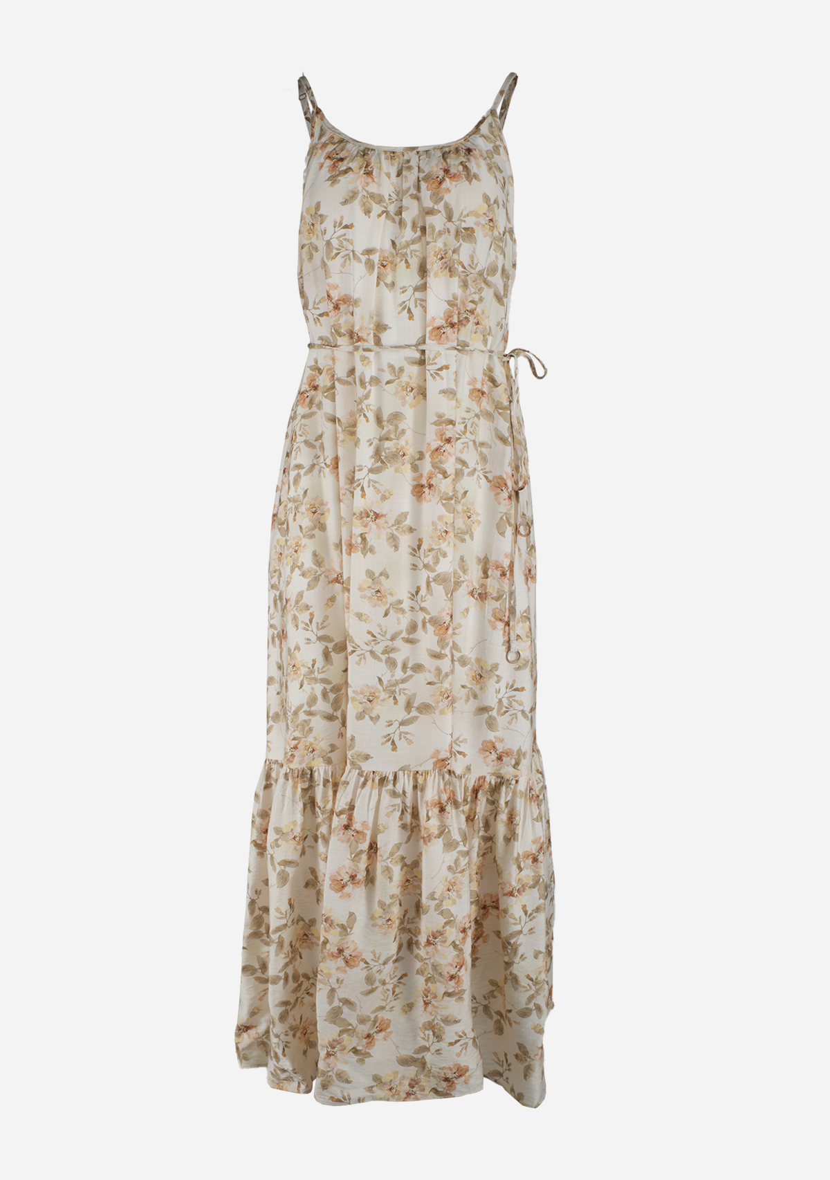 Thin Adjustable Strap Belted Ruffle Hem Midi Dress White/Multi