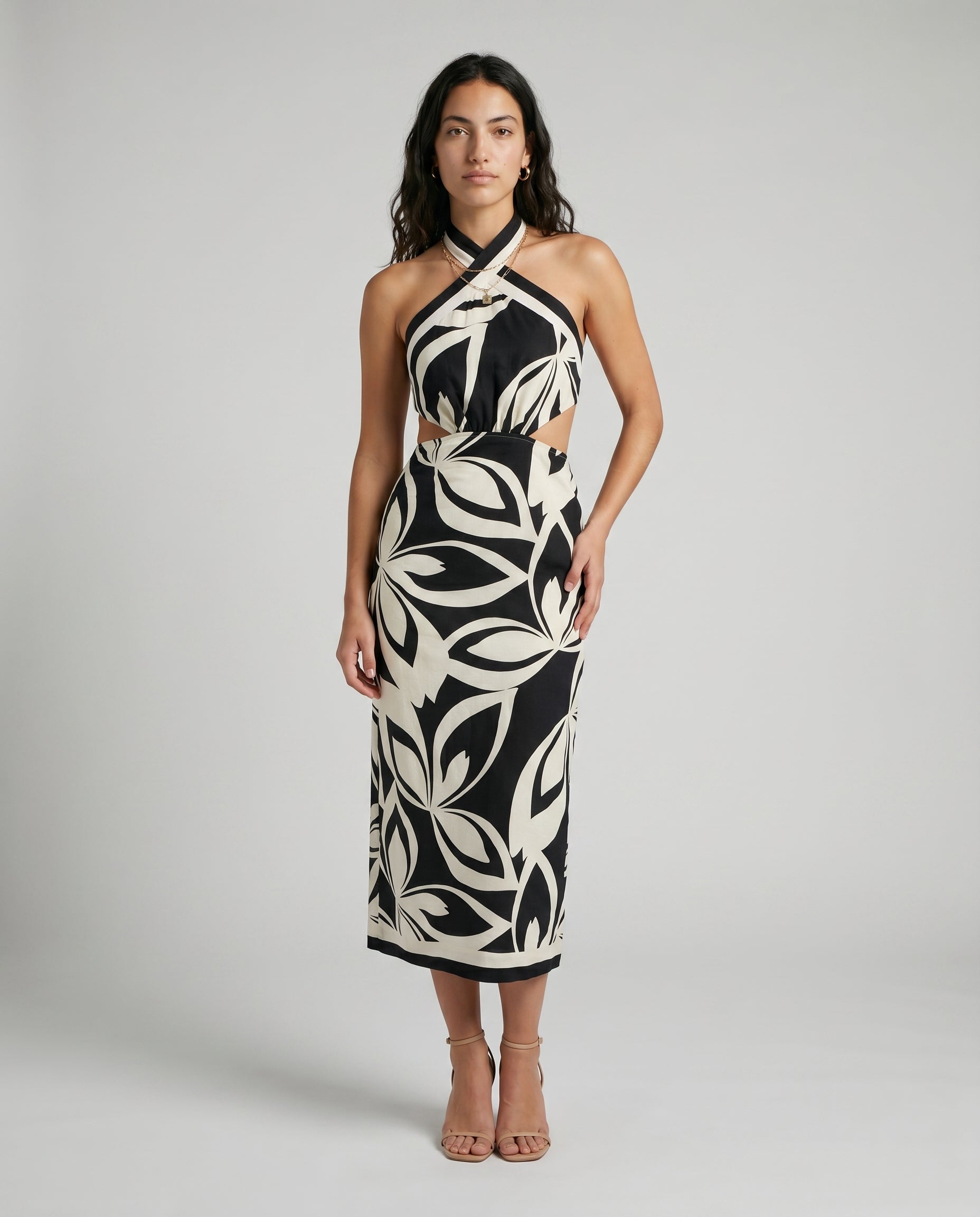 Robe midi imprimée à col halter noire