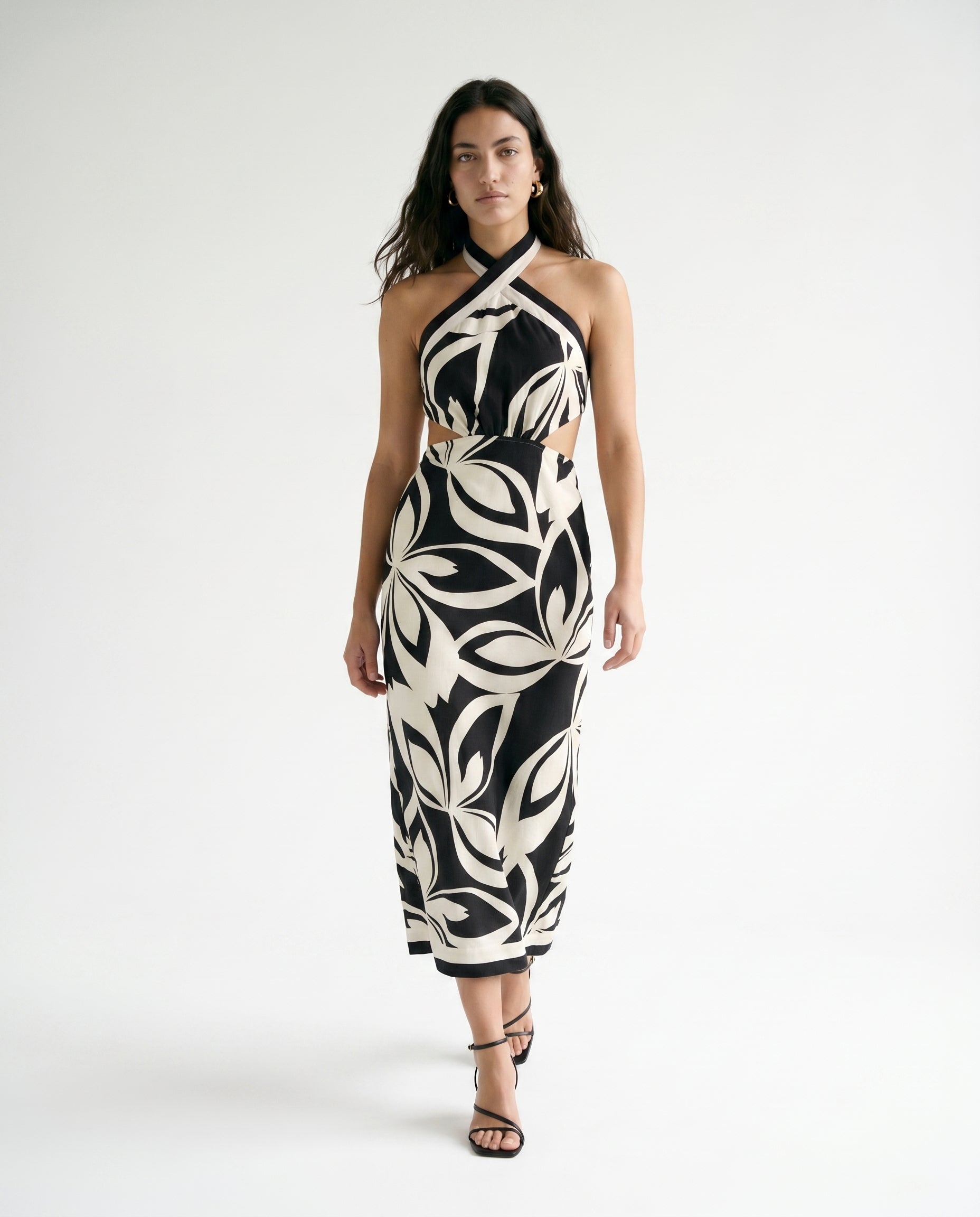 Robe midi imprimée à col halter noire