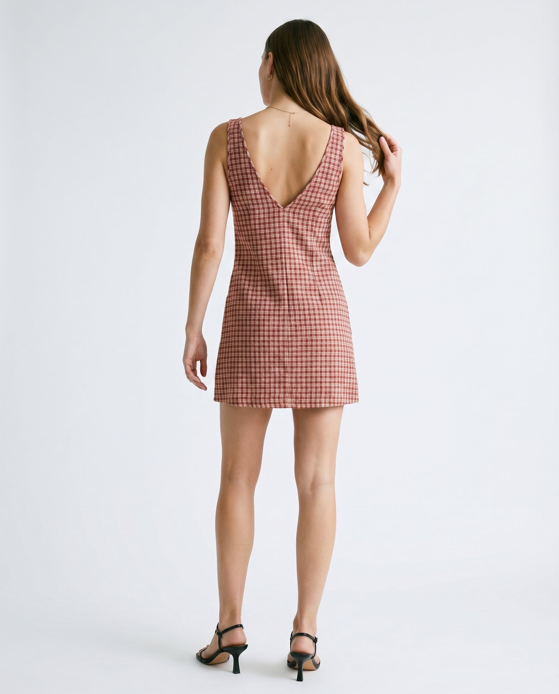 Capricorne - Robe courte en seersucker de chanvre à carreaux bordeaux/beige