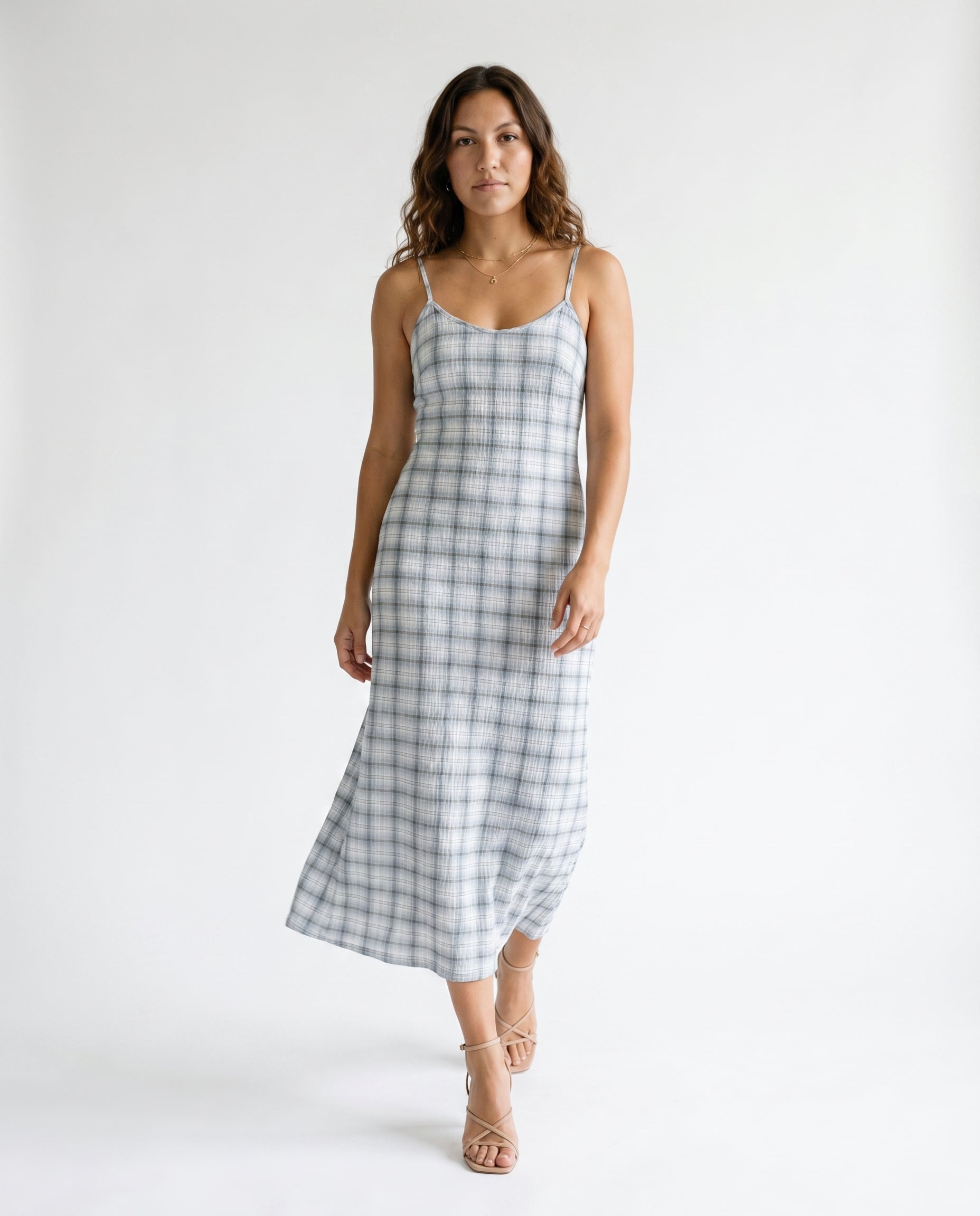 Lagoon - Hemp Seersucker Maxi Dress Overcast Check