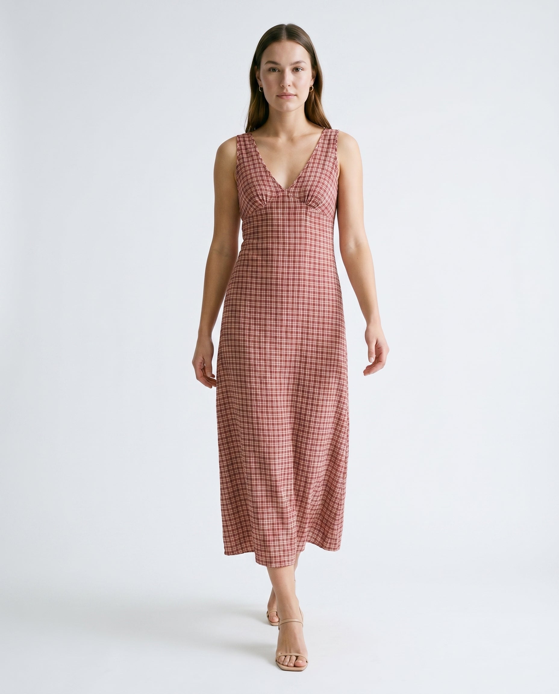 Capricorn Tully - Hemp Seersucker Maxi Dress Burgundy / Beige Check AFENDS