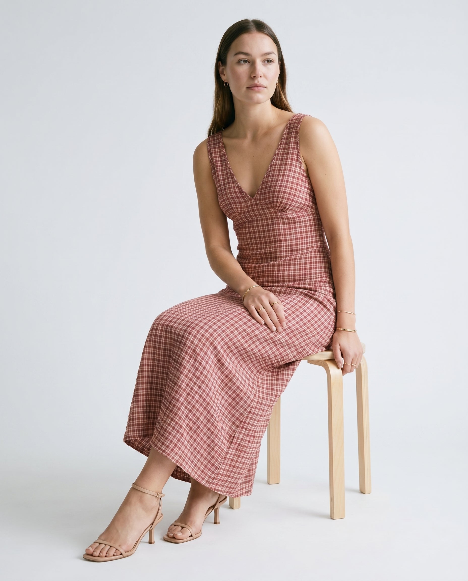 Capricorn Tully - Hemp Seersucker Maxi Dress Burgundy / Beige Check AFENDS