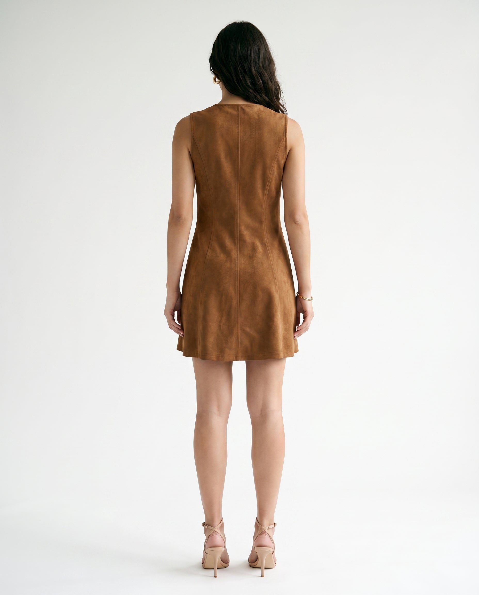 Robe mini trapèze dos nu en daim et denim