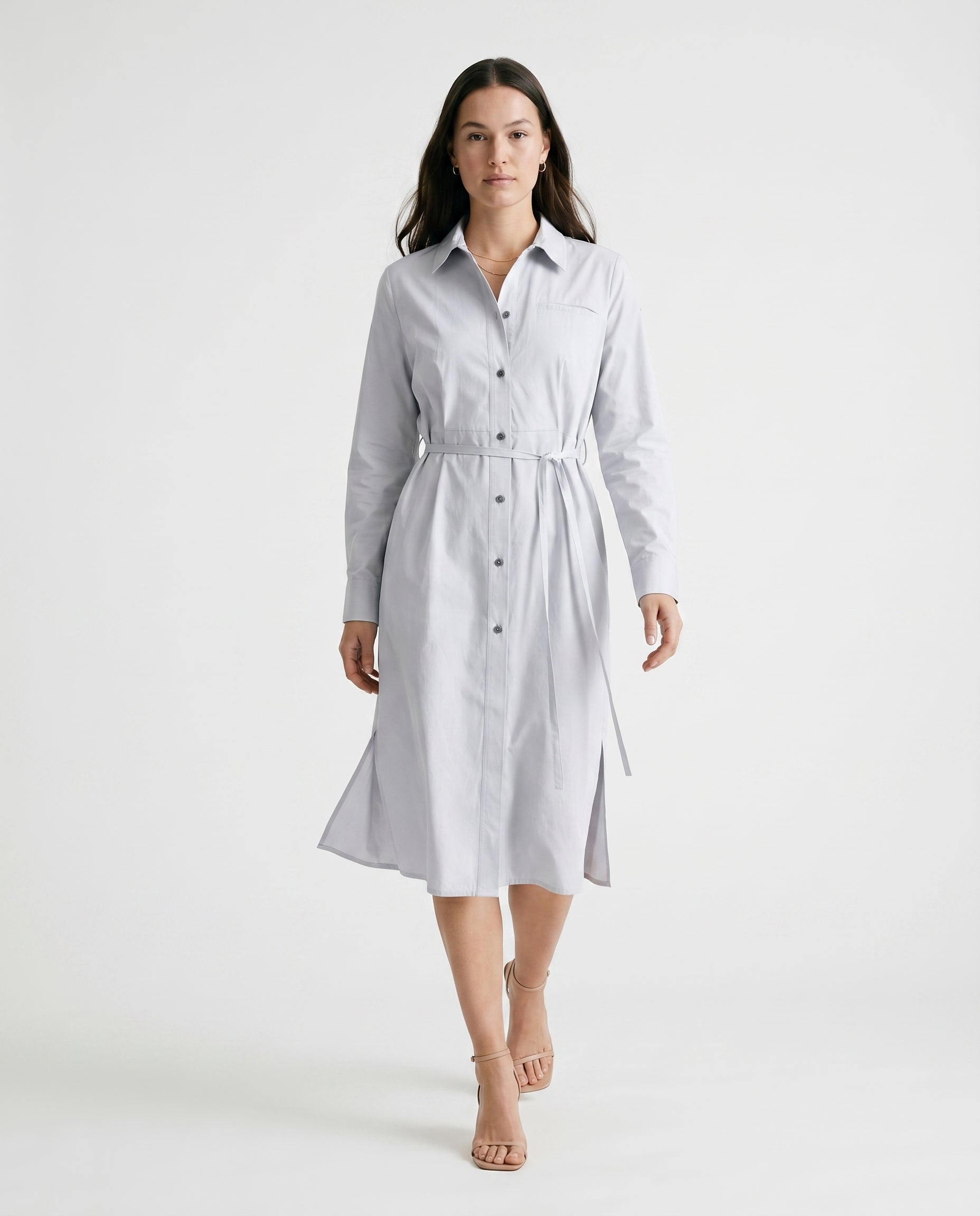 Belted Shirt Midi Dress Gray