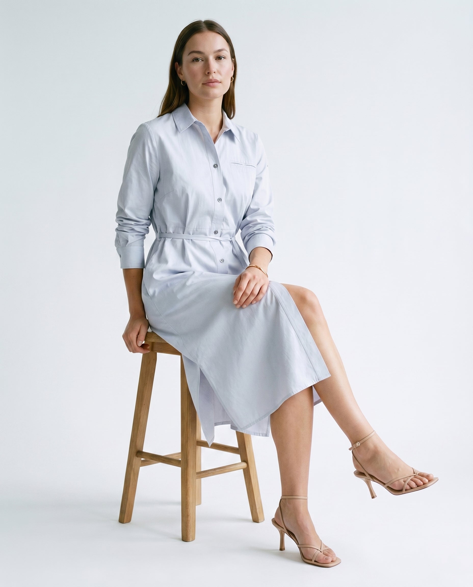 Robe chemise mi-longue grise à ceinture