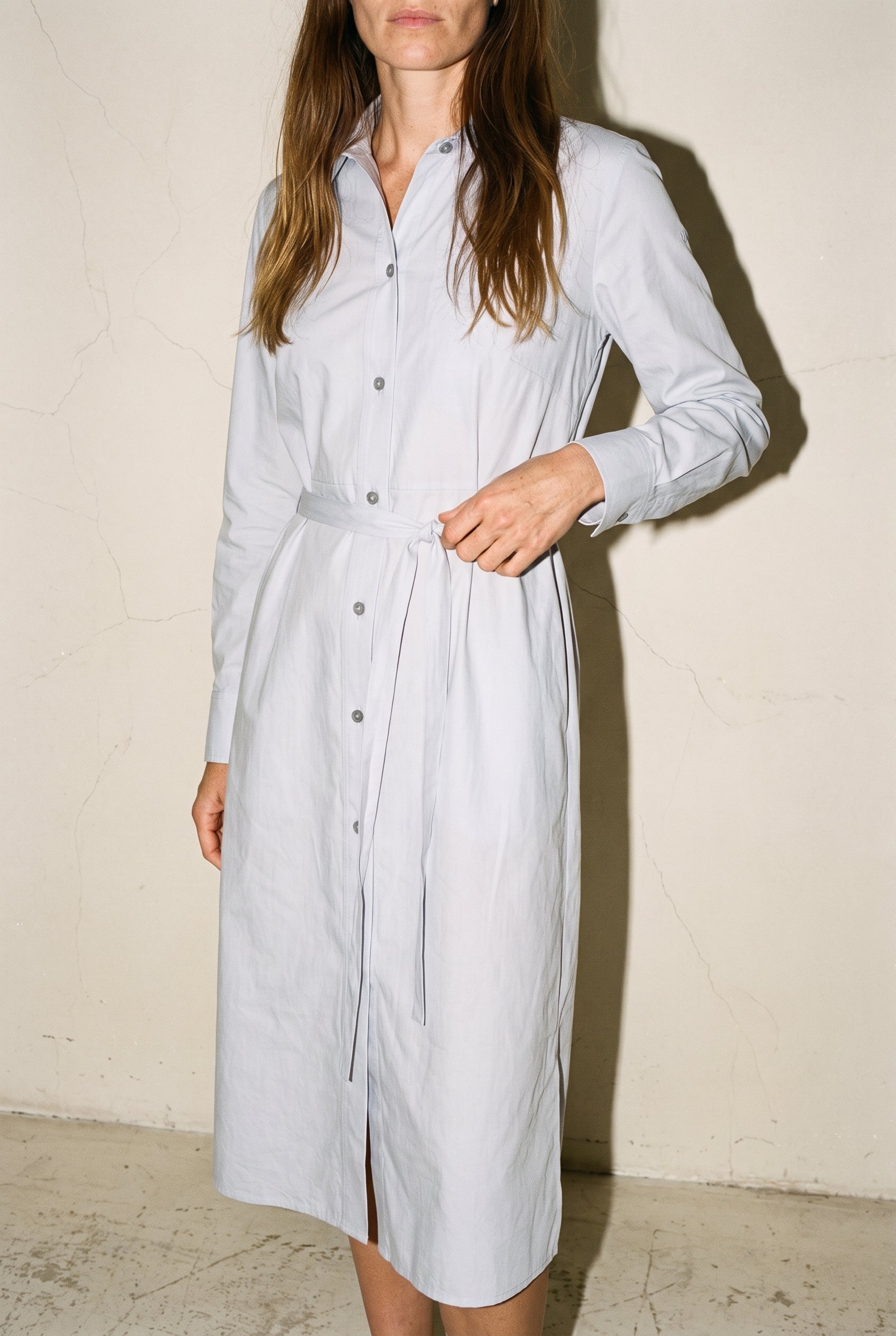Belted Shirt Midi Dress Gray