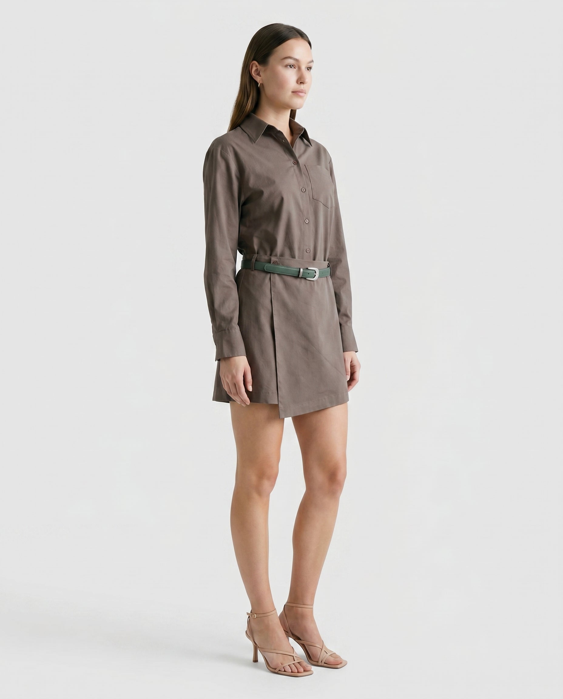 Robe boutonnée ceinturée, vert olive/vert