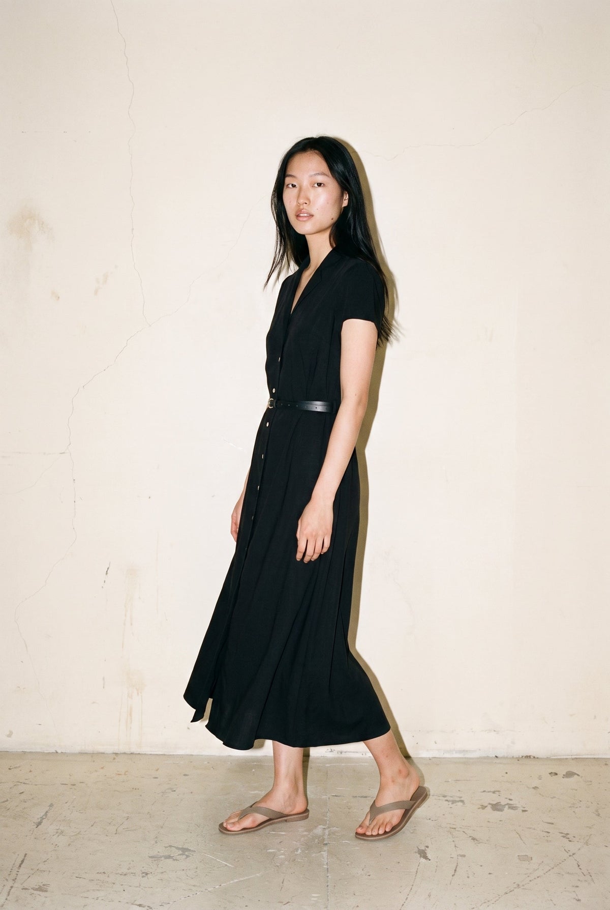 Short Sleeve Button Front Belted Dress Black 12 Rue Collette