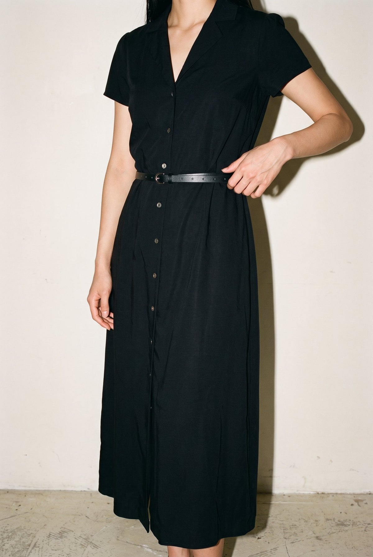 Short Sleeve Button Front Belted Dress Black 12 Rue Collette