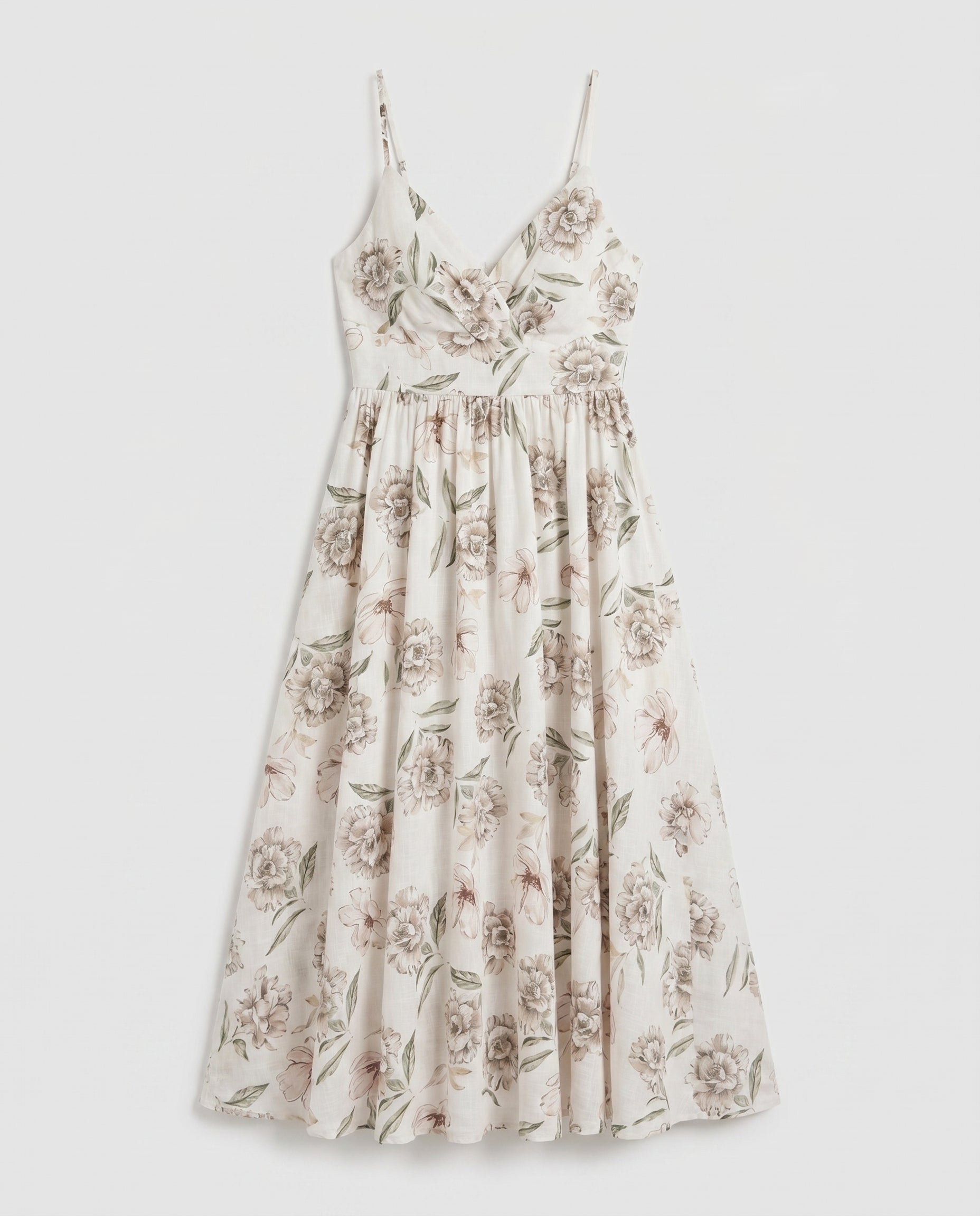 Robe midi ivoire/verte à fines bretelles ajustables et taille élastiquée au dos