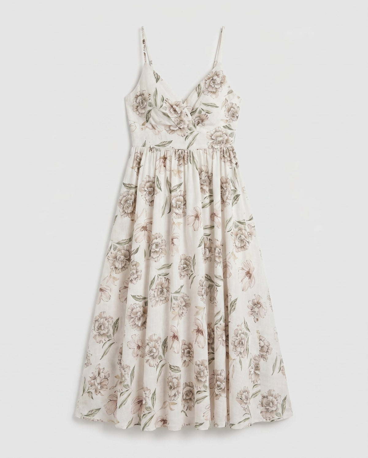 Thin Adjustable Strap Elastic Back Waisted Midi Dress Ivory/Green Aakaa