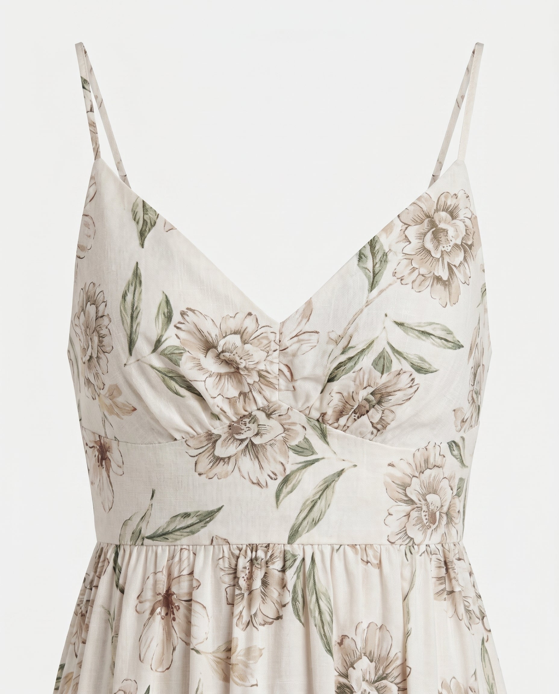 Robe midi ivoire/verte à fines bretelles ajustables et taille élastiquée au dos