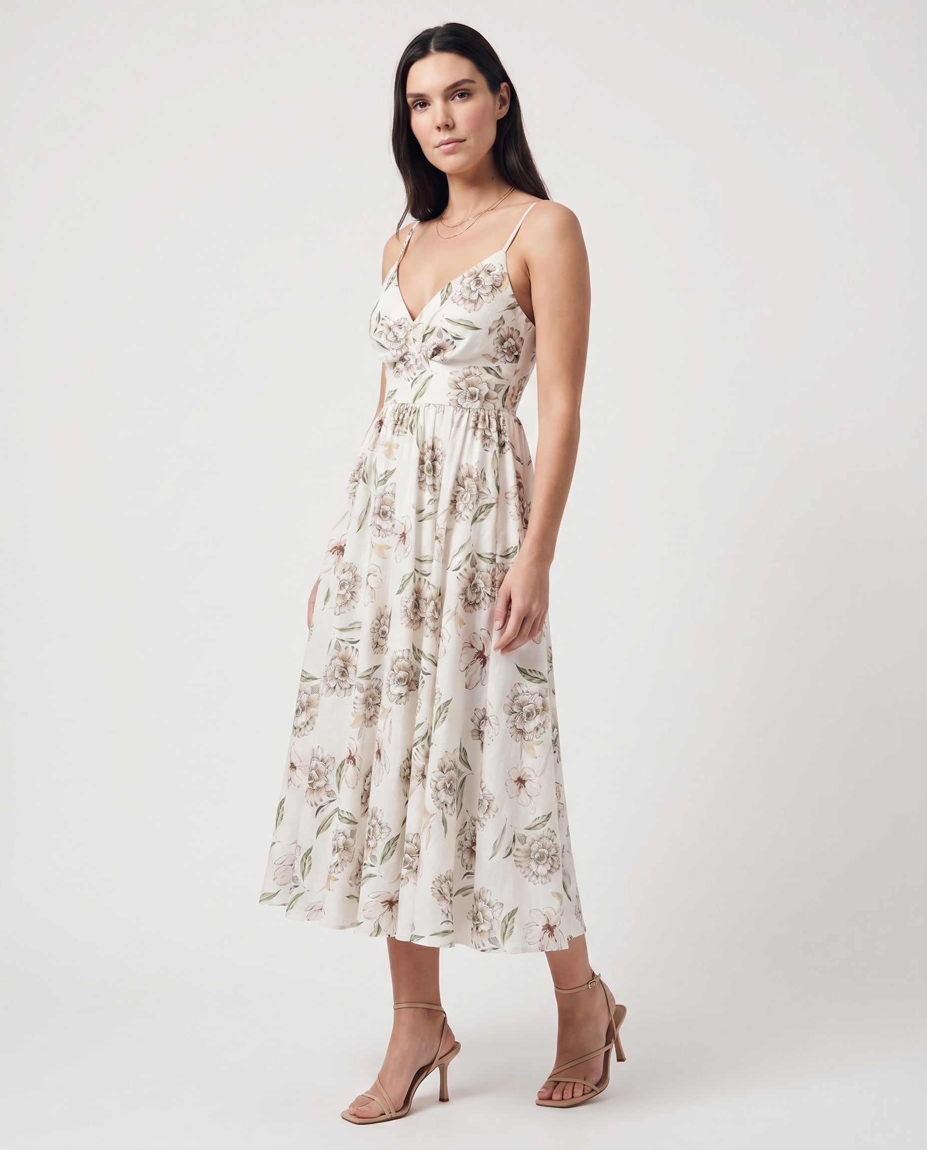 Thin Adjustable Strap Elastic Back Waisted Midi Dress Ivory/Green
