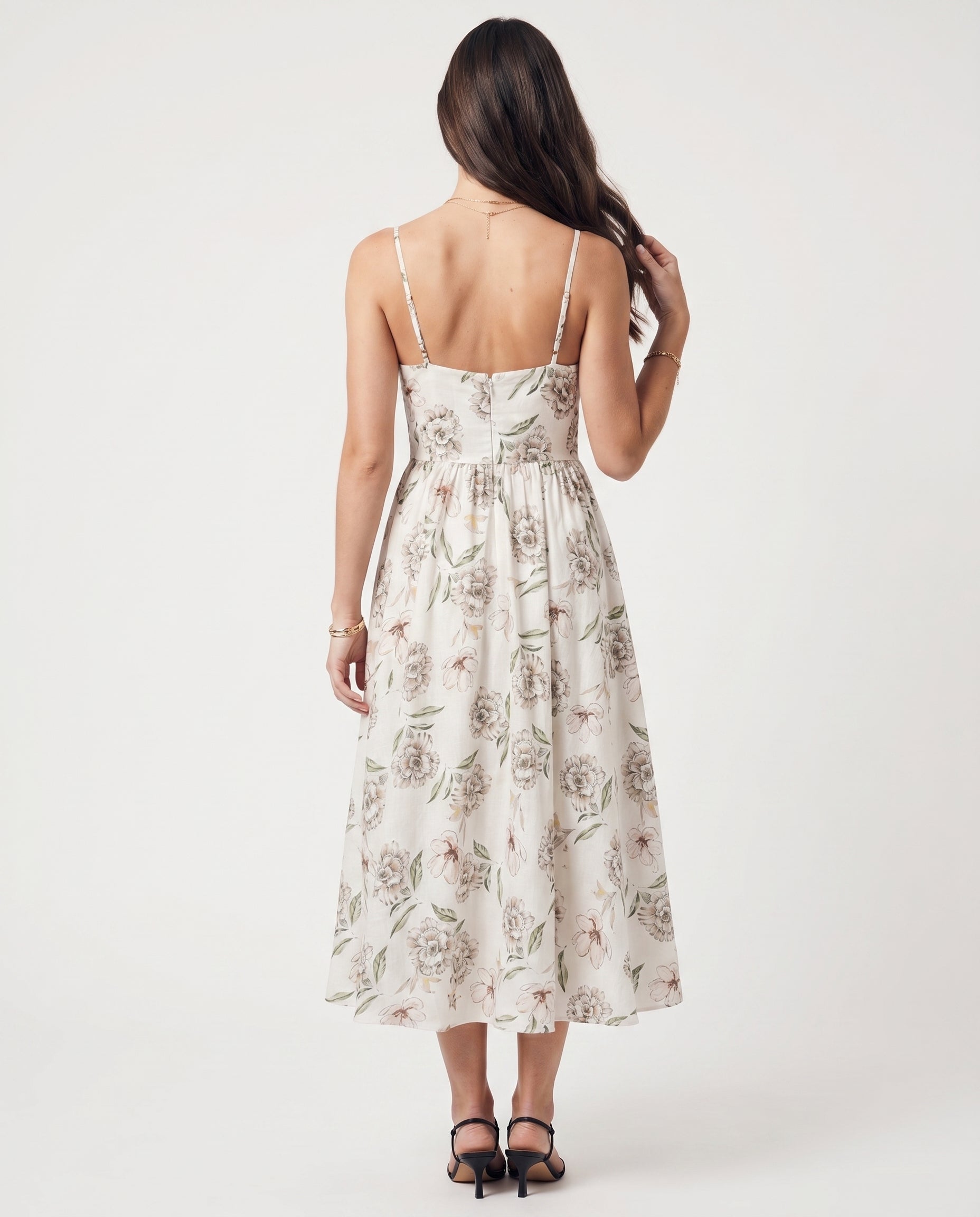 Thin Adjustable Strap Elastic Back Waisted Midi Dress Ivory/Green