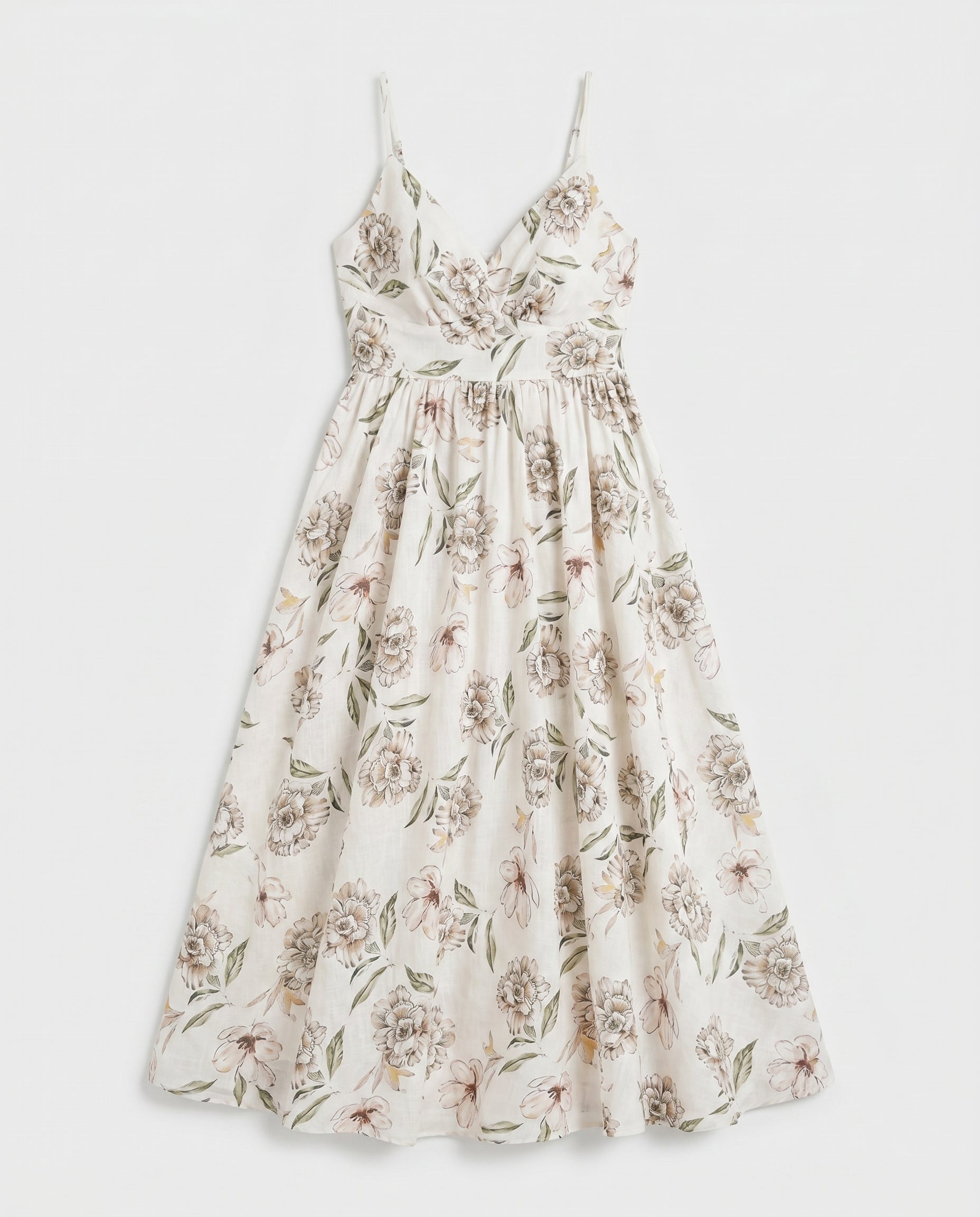 Robe midi ivoire/verte à fines bretelles ajustables et taille élastiquée au dos