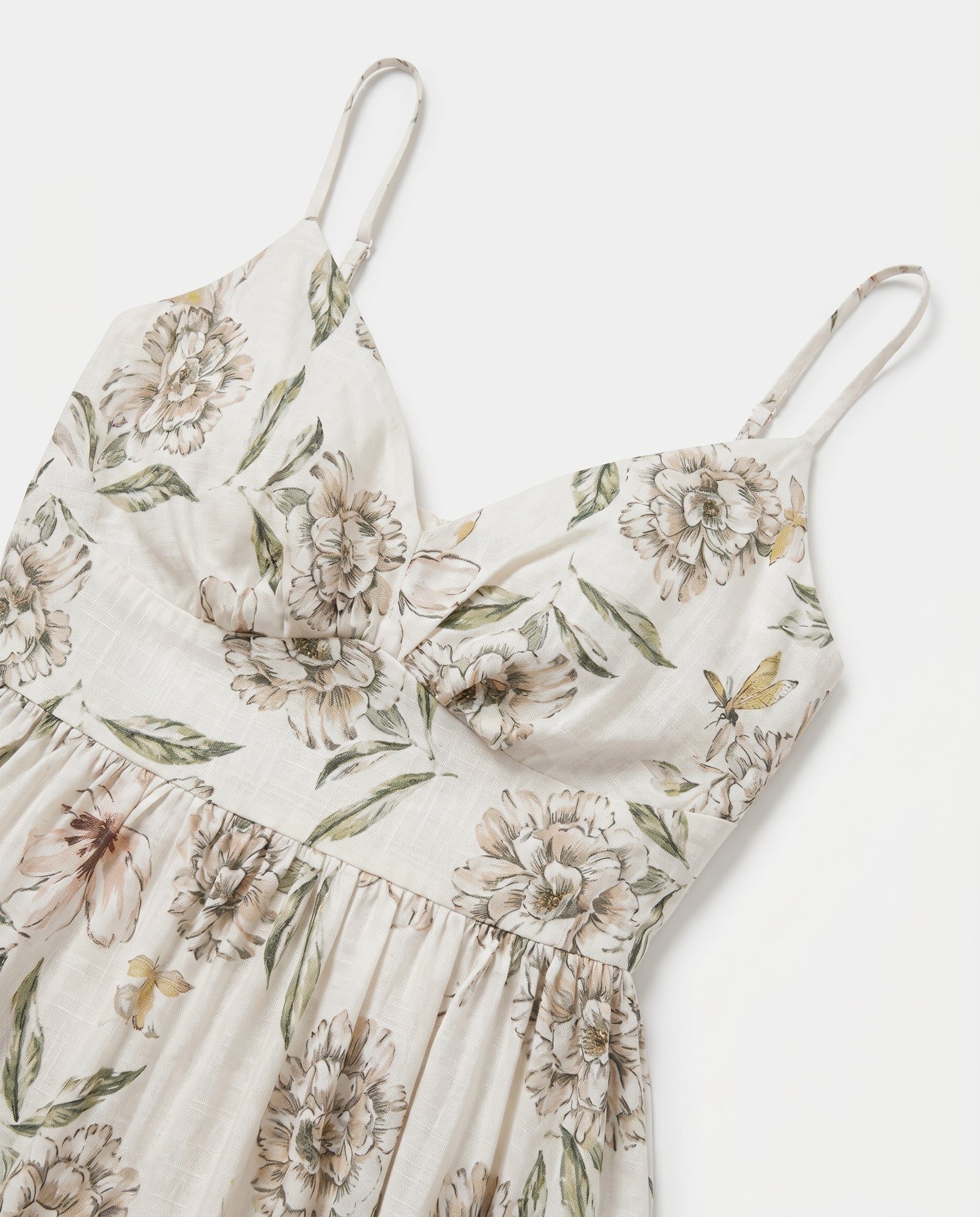 Robe midi ivoire/verte à fines bretelles ajustables et taille élastiquée au dos
