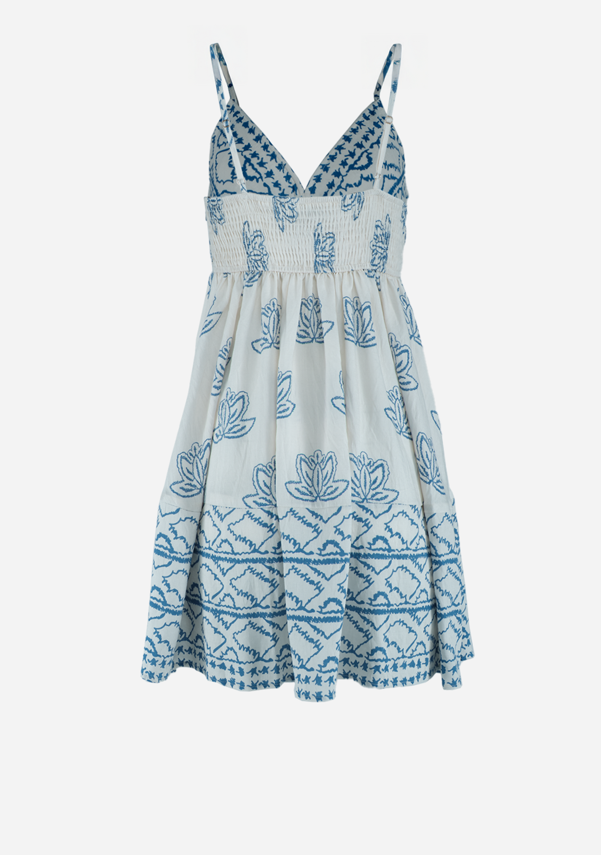 Thin Adjustable Strap Smocked Back Top Mini Dress Ivory/Blue Aakaa