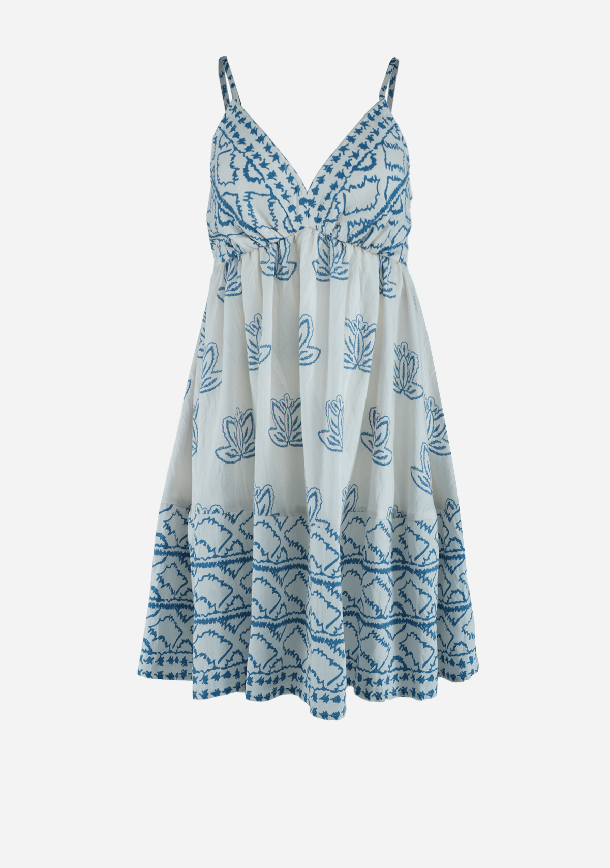 Thin Adjustable Strap Smocked Back Top Mini Dress Ivory/Blue Aakaa