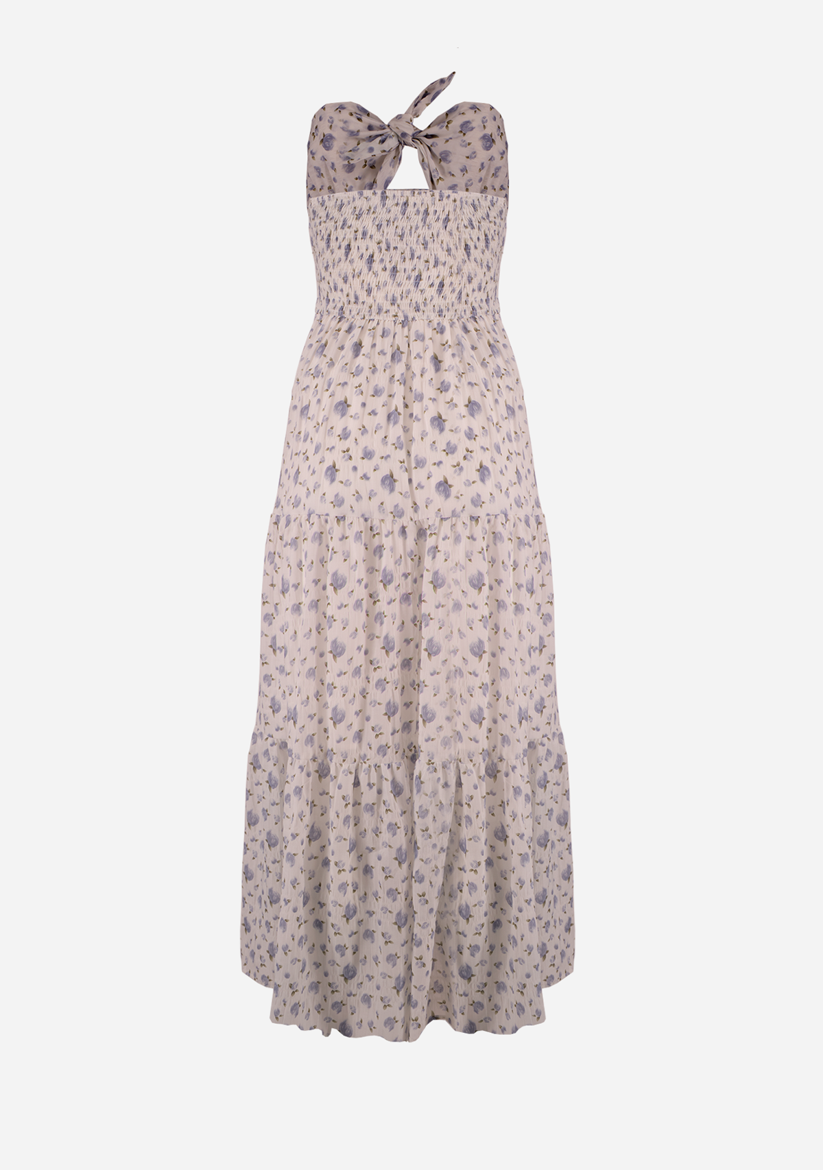 Crinkle Textured Floral Front Tied Tube Maxi Dress Ivory/Blue