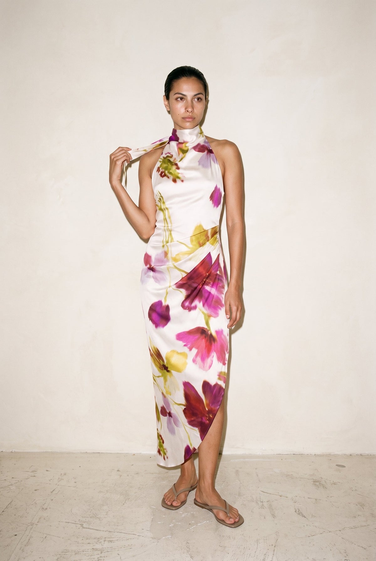 Halter Low Back Asymmetric Maxi Dress Cream Floral FORE COLLECTION