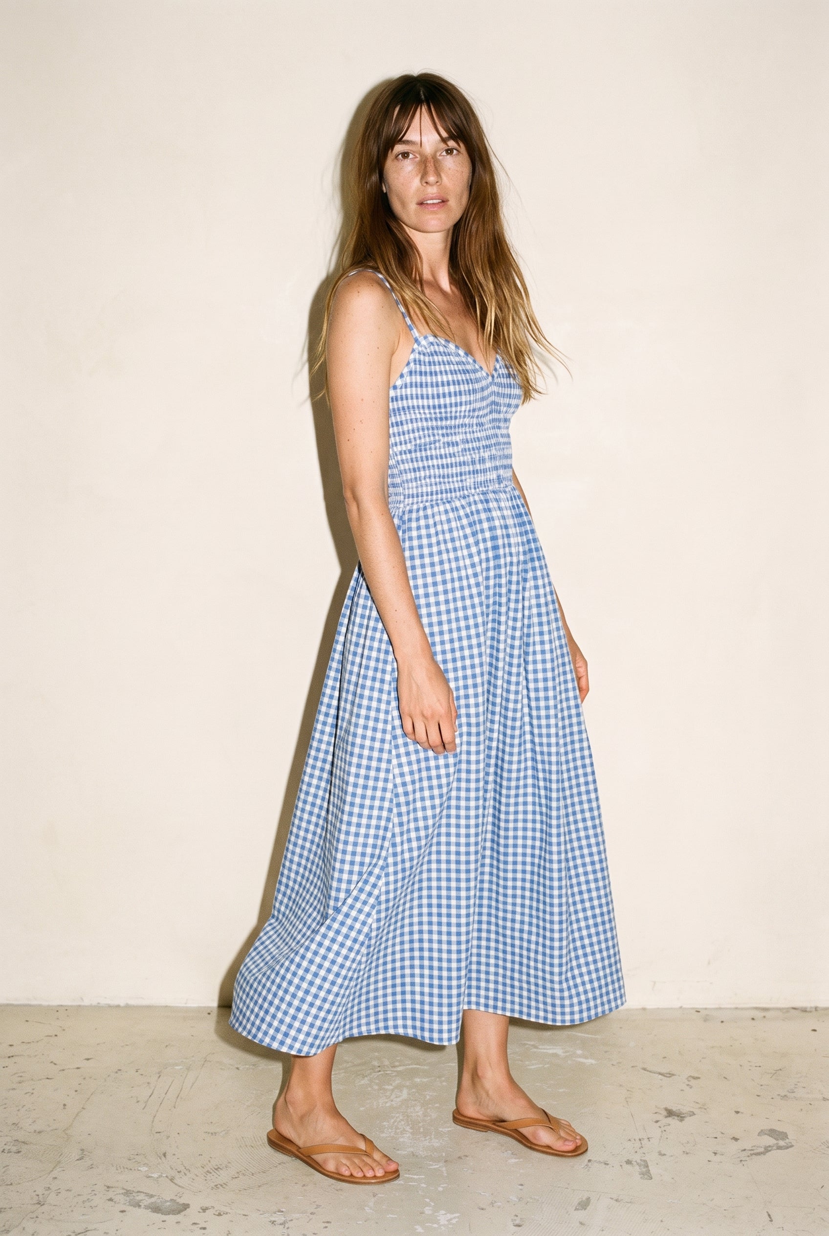 Gingham Print Long Dress Blue
