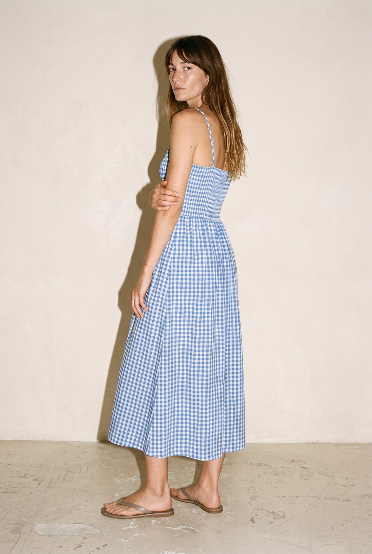 Gingham Print Long Dress Blue MIOU MUSE