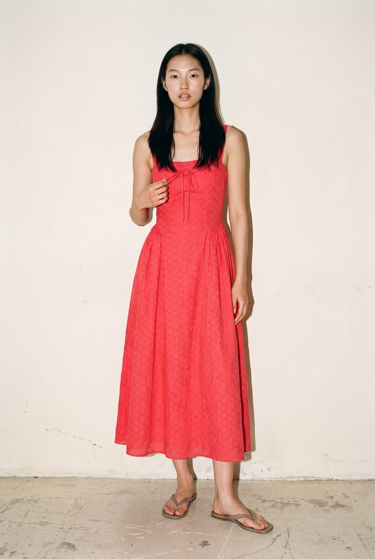 Eyelet Back Cross Strap Midi Dress Red Mable